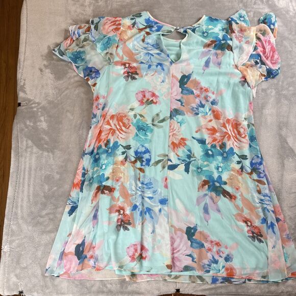 Calvin Klein Women’s Plus 22W Floral Dress Blue Green Ruffle Sleeve Polyester - Picture 5 of 5